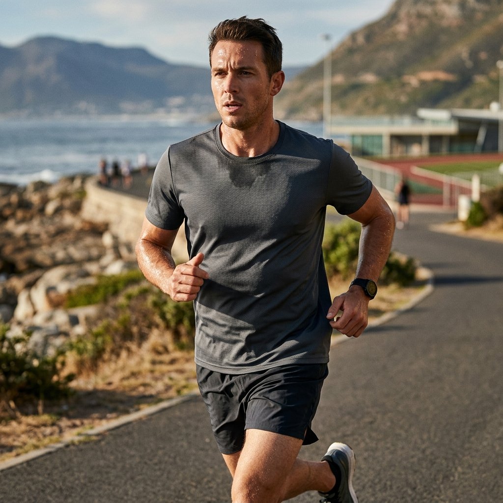 Camiseta esportiva em uso, representando malha premium com conforto e performance